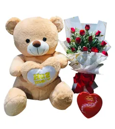 12 Red Roses Bouquet,Ferrero Chocolate Box with Bear Send to Philippines