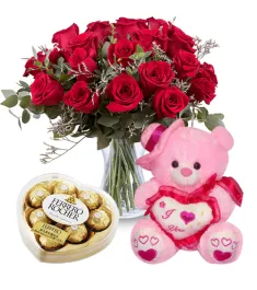 12 Pink Roses Bouquet,Ferrero Heart Shape Box with Bear Send to Philippines