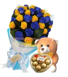 24 Yellow & Blue Roses,Ferrero Heart Shape Box with Bear to Philippines