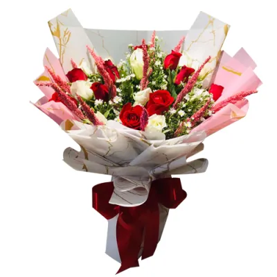 18 Red and White Roses in a Bouquet